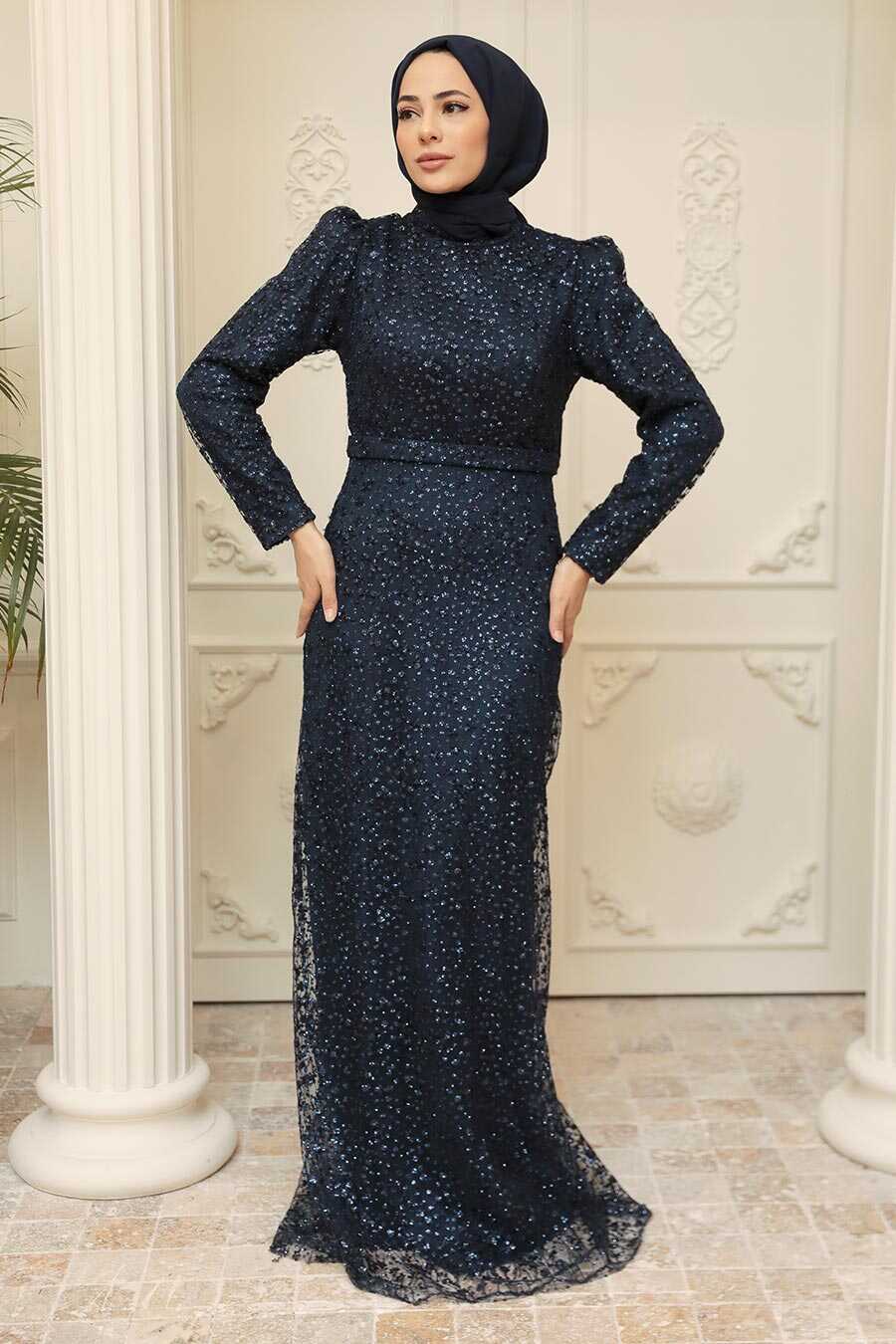 Navy Blue Hijab Evening Dress 2287L