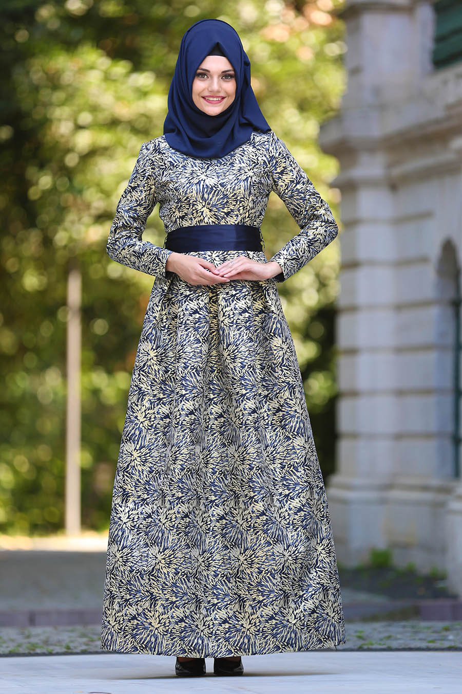 Navy Blue Hijab Evening Dress 24410L