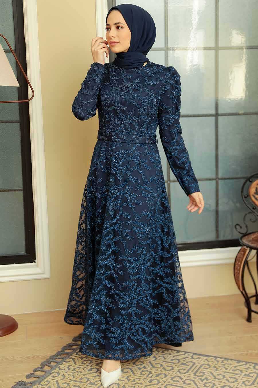 Navy Blue Hijab Evening Dress 3330L