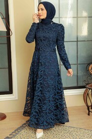 Navy Blue Hijab Evening Dress 3330L - Thumbnail