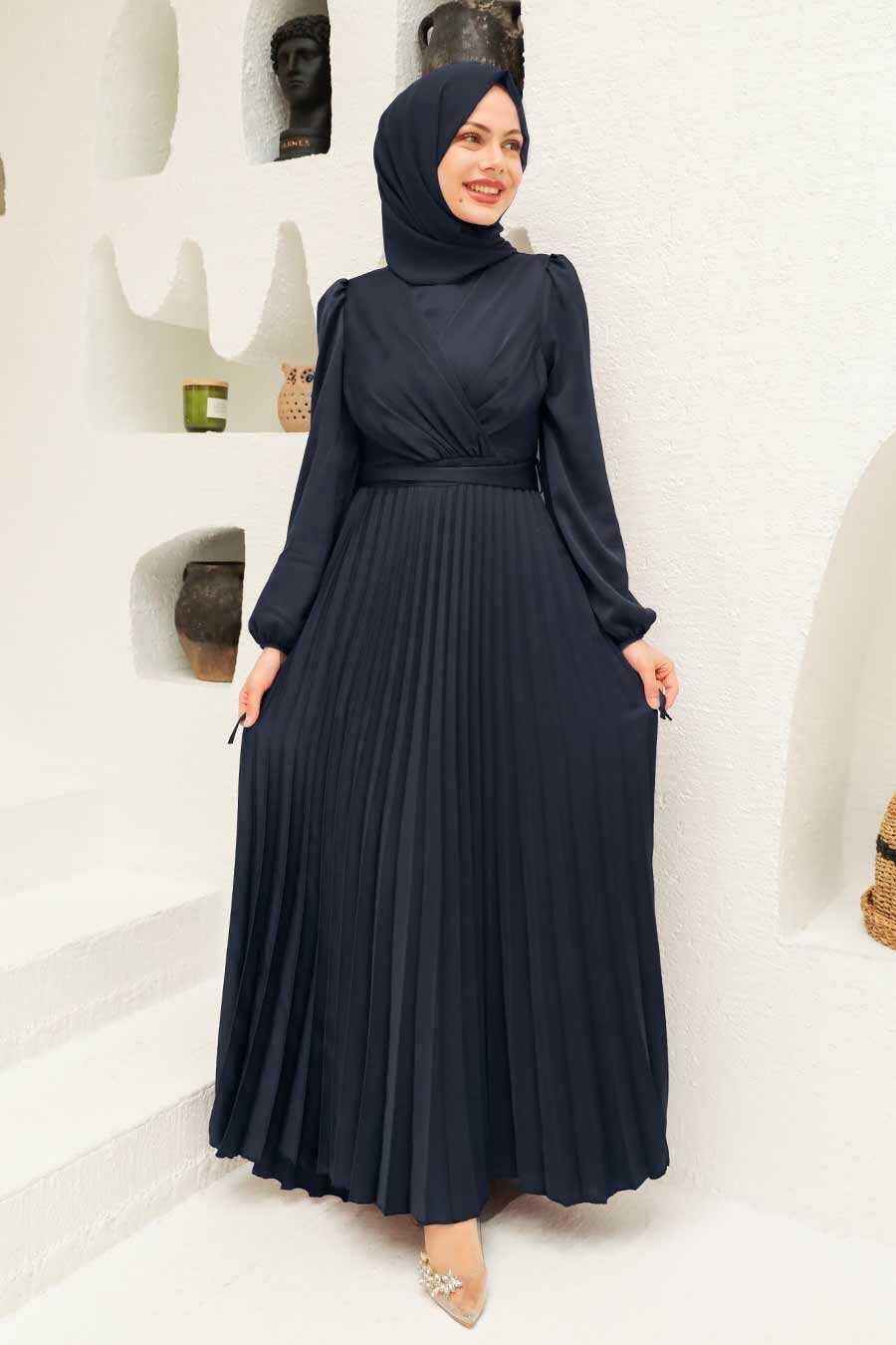Navy Blue Hijab Evening Dress 3452L