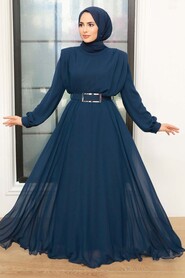 Navy Blue Hijab Evening Dress 36050L - Thumbnail