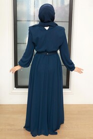 Navy Blue Hijab Evening Dress 36050L - Thumbnail
