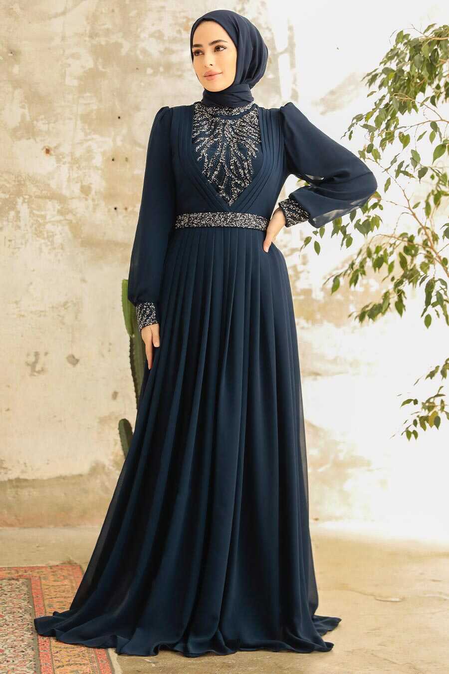 Neva Style - Elegant Navy Blue Muslim Long Sleeve Dress 3773L