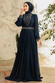 Neva Style - Elegant Navy Blue Muslim Long Sleeve Dress 3773L - Thumbnail