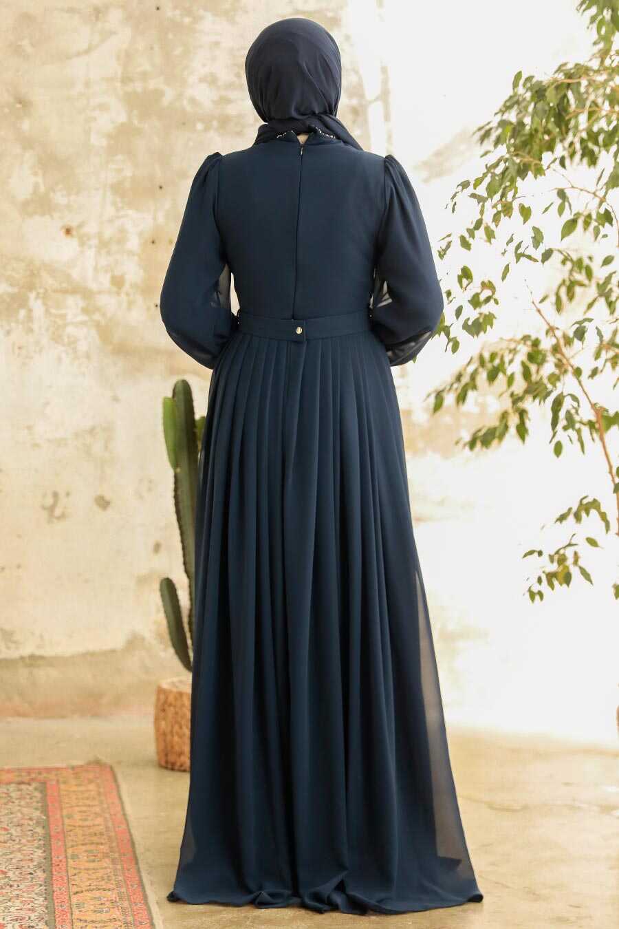 Neva Style - Elegant Navy Blue Muslim Long Sleeve Dress 3773L