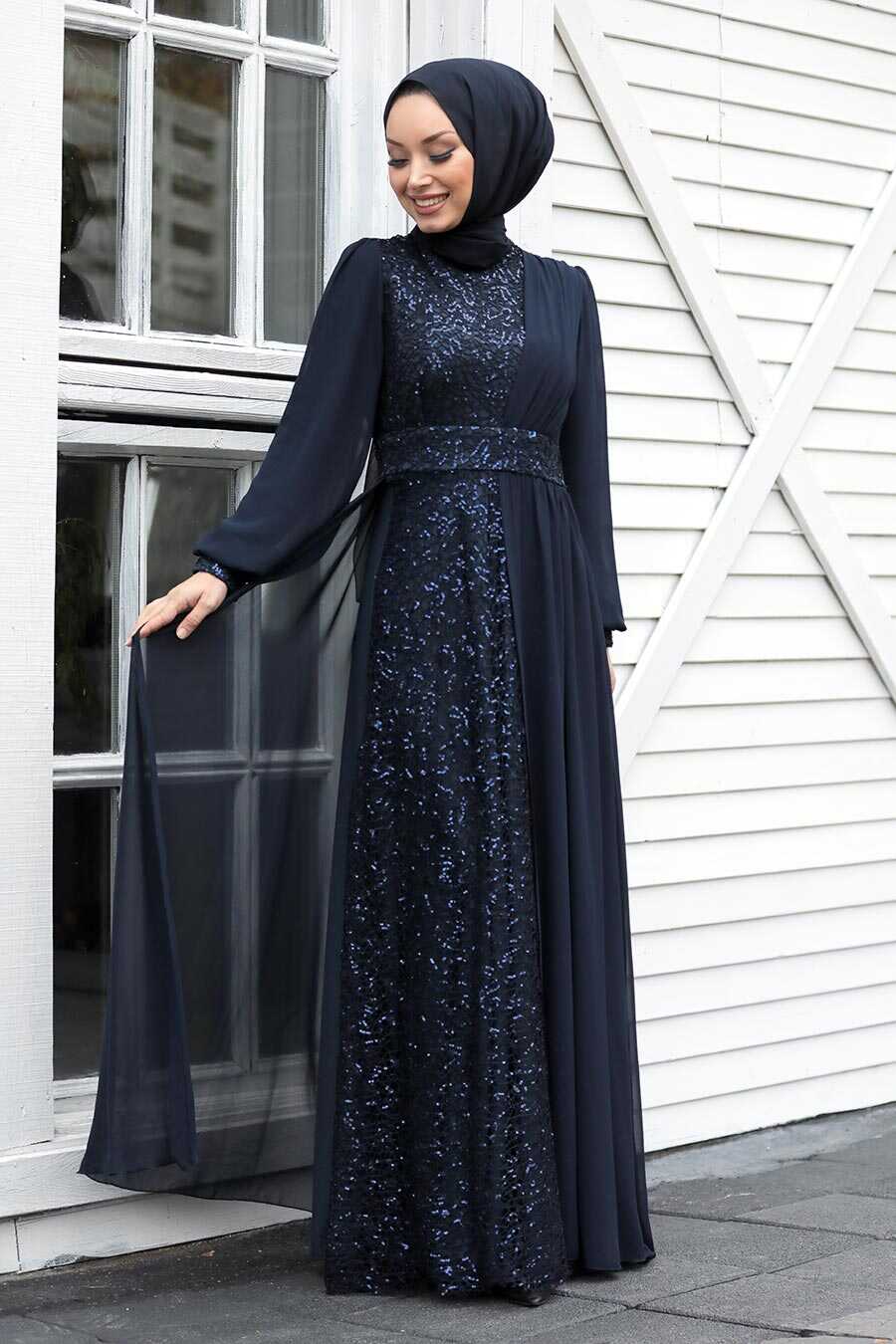 Navy Blue Hijab Evening Dress 5408L