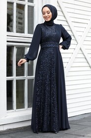 Navy Blue Hijab Evening Dress 5408L - Thumbnail