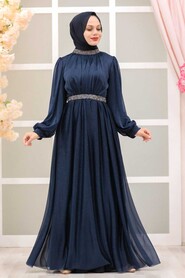Navy Blue Hijab Evening Dress 5501L - Thumbnail