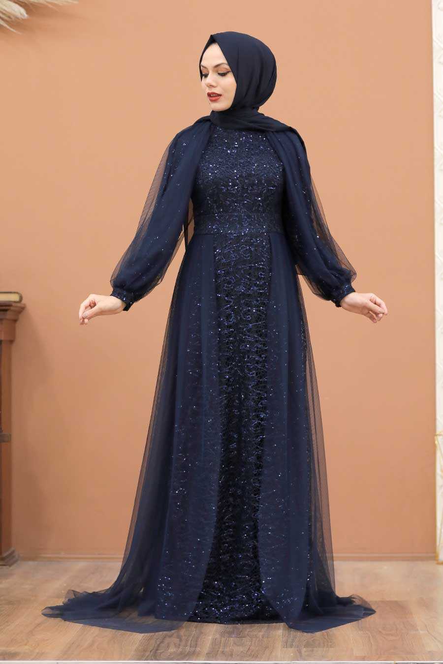 Navy Blue Hijab Evening Dress 55190L - Neva-style.com