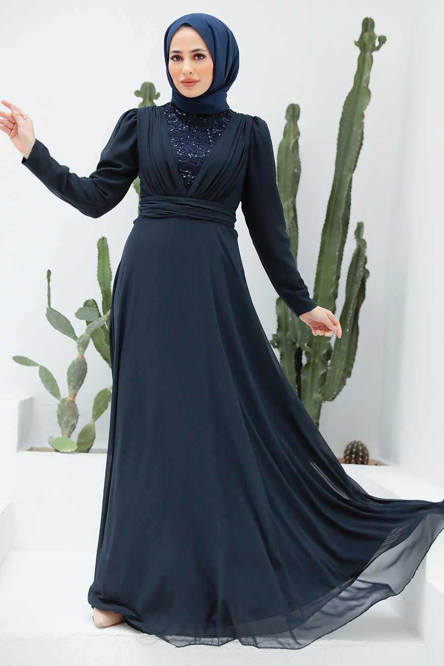 Navy Blue Hijab Evening Dress 56280L
