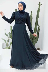 Navy Blue Hijab Evening Dress 56280L - Thumbnail