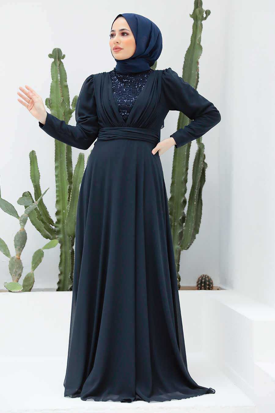 Navy Blue Hijab Evening Dress 56280L