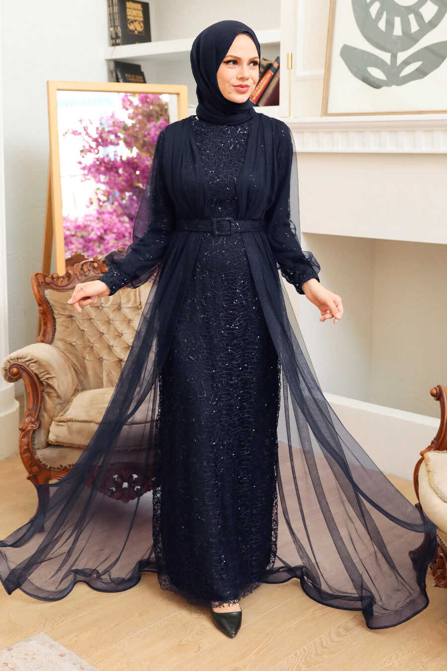 Navy Blue Hijab Evening Dress 56291L