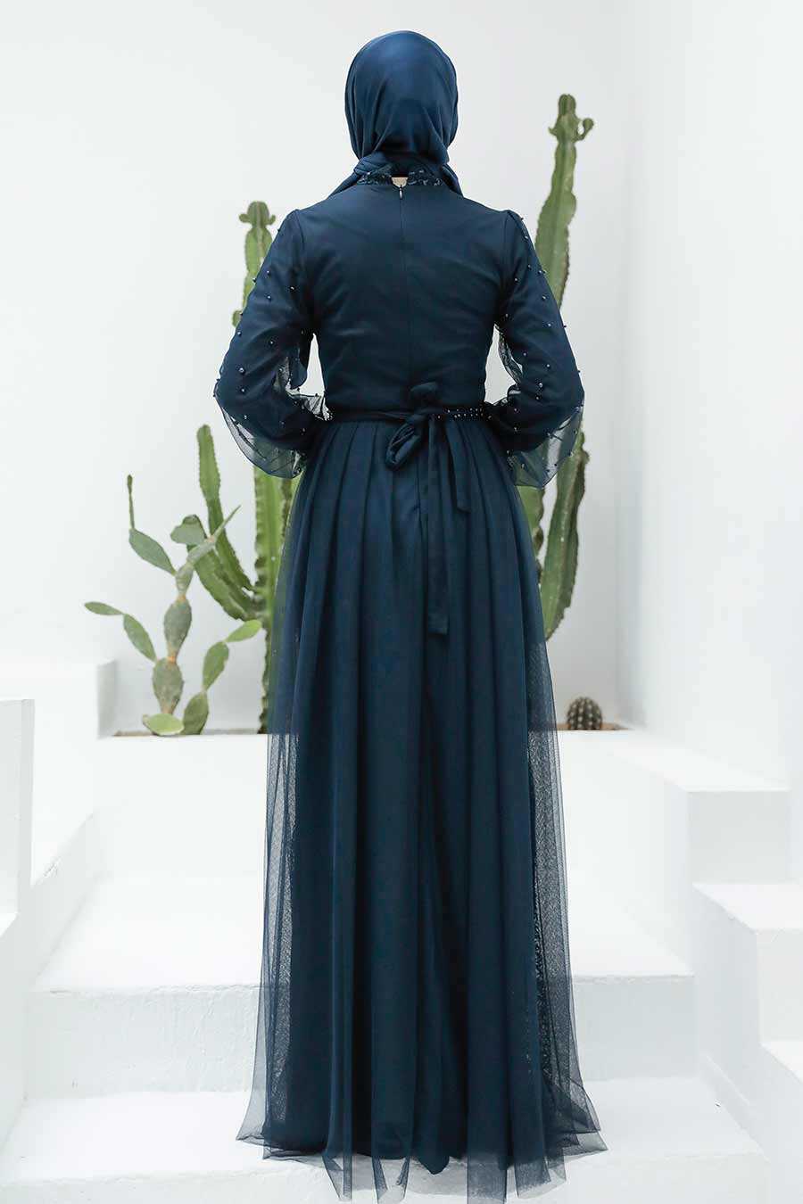 Navy Blue Hijab Evening Dress 5632L