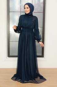 Navy Blue Hijab Evening Dress 56520L - Thumbnail