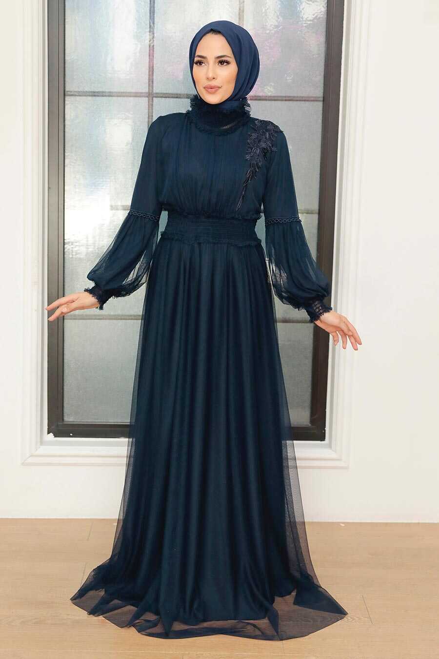 Navy Blue Hijab Evening Dress 56520L