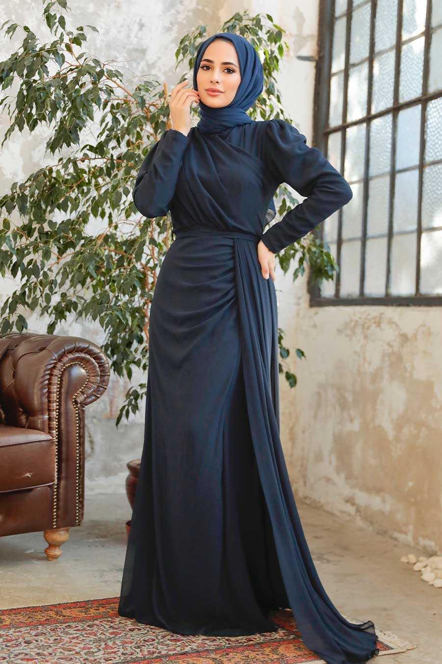 Navy Blue Hijab Evening Dress 5736L