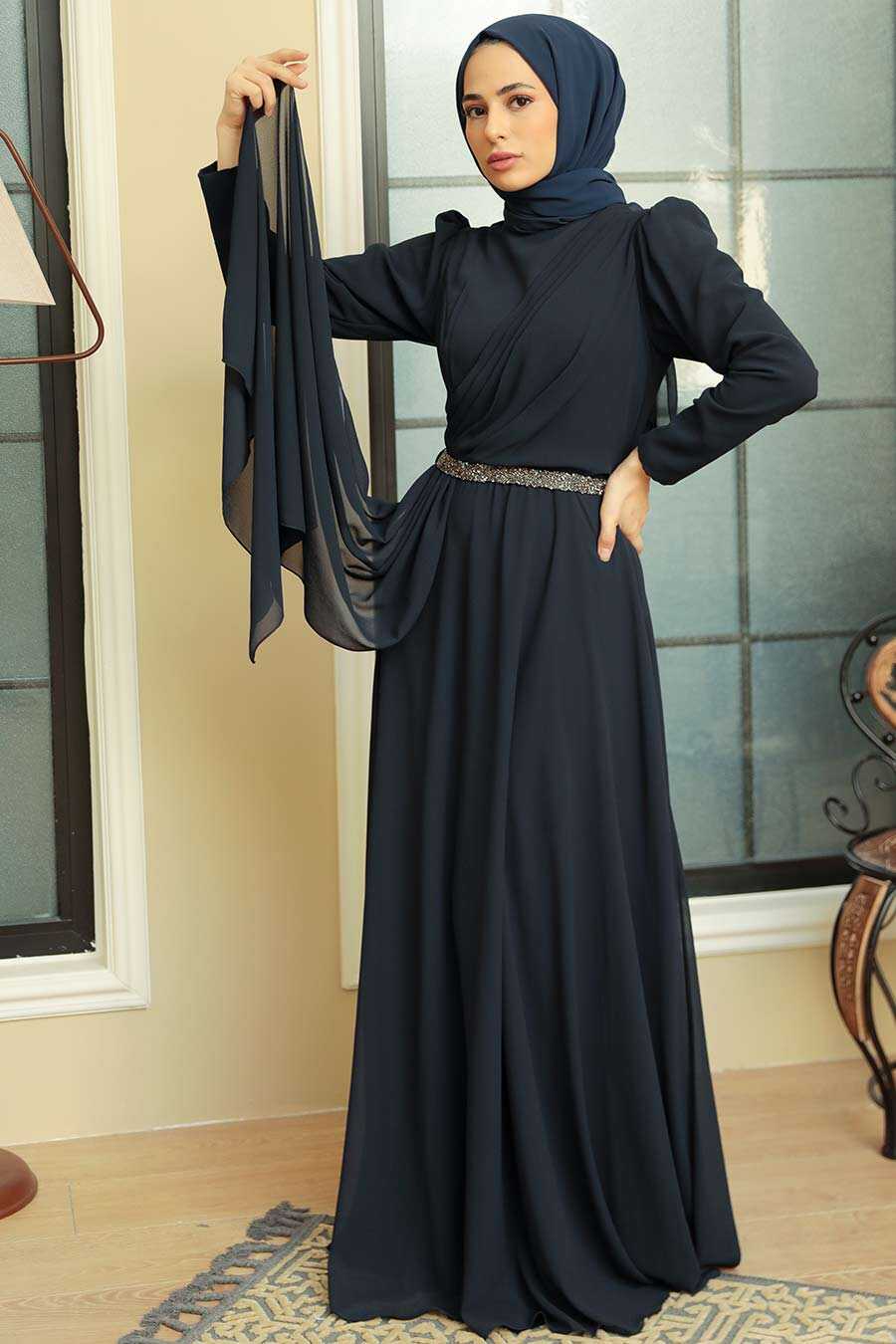 Navy Blue Hijab Evening Dress 5737L