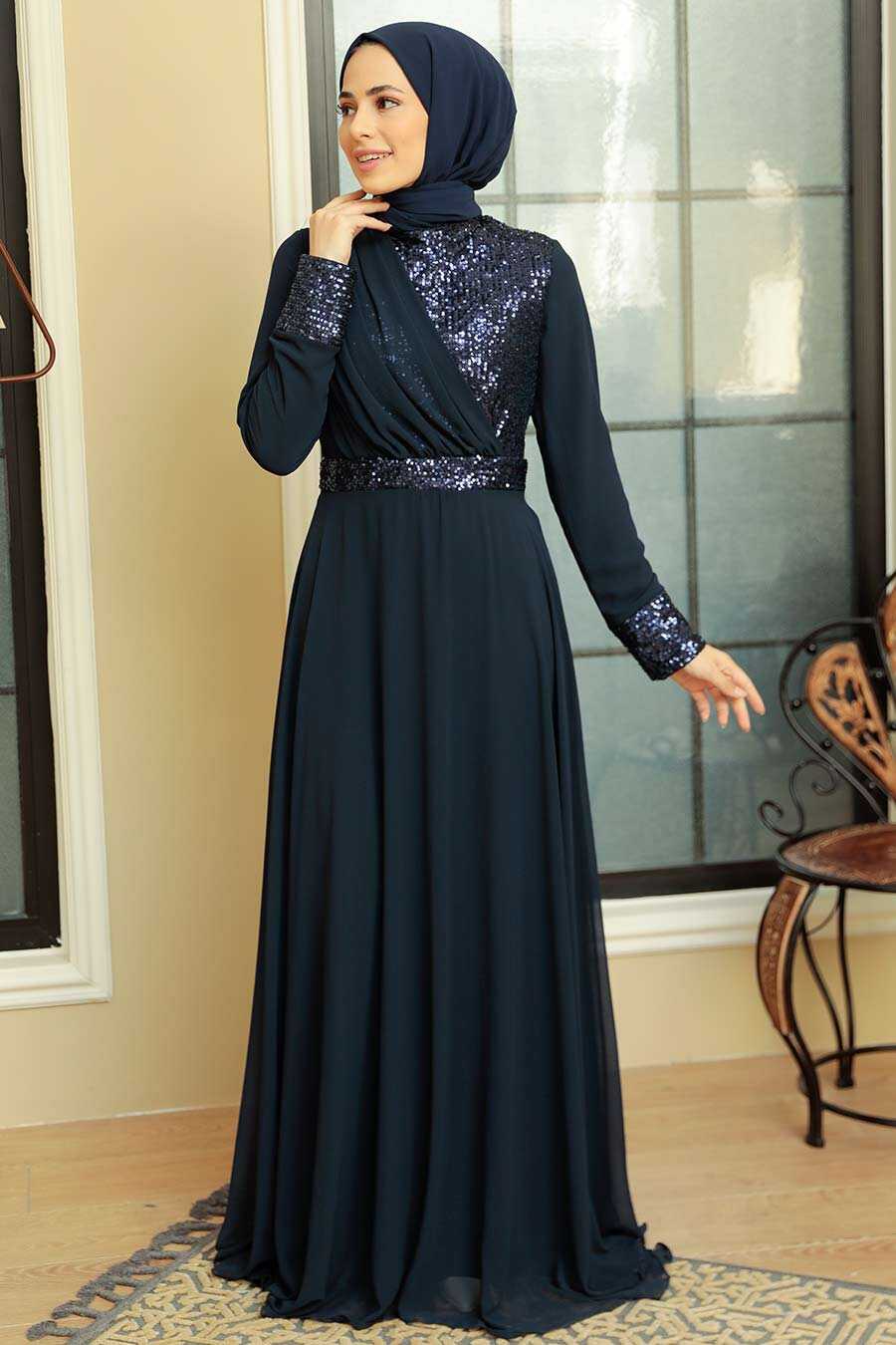 Navy Blue Hijab Evening Dress 5793L