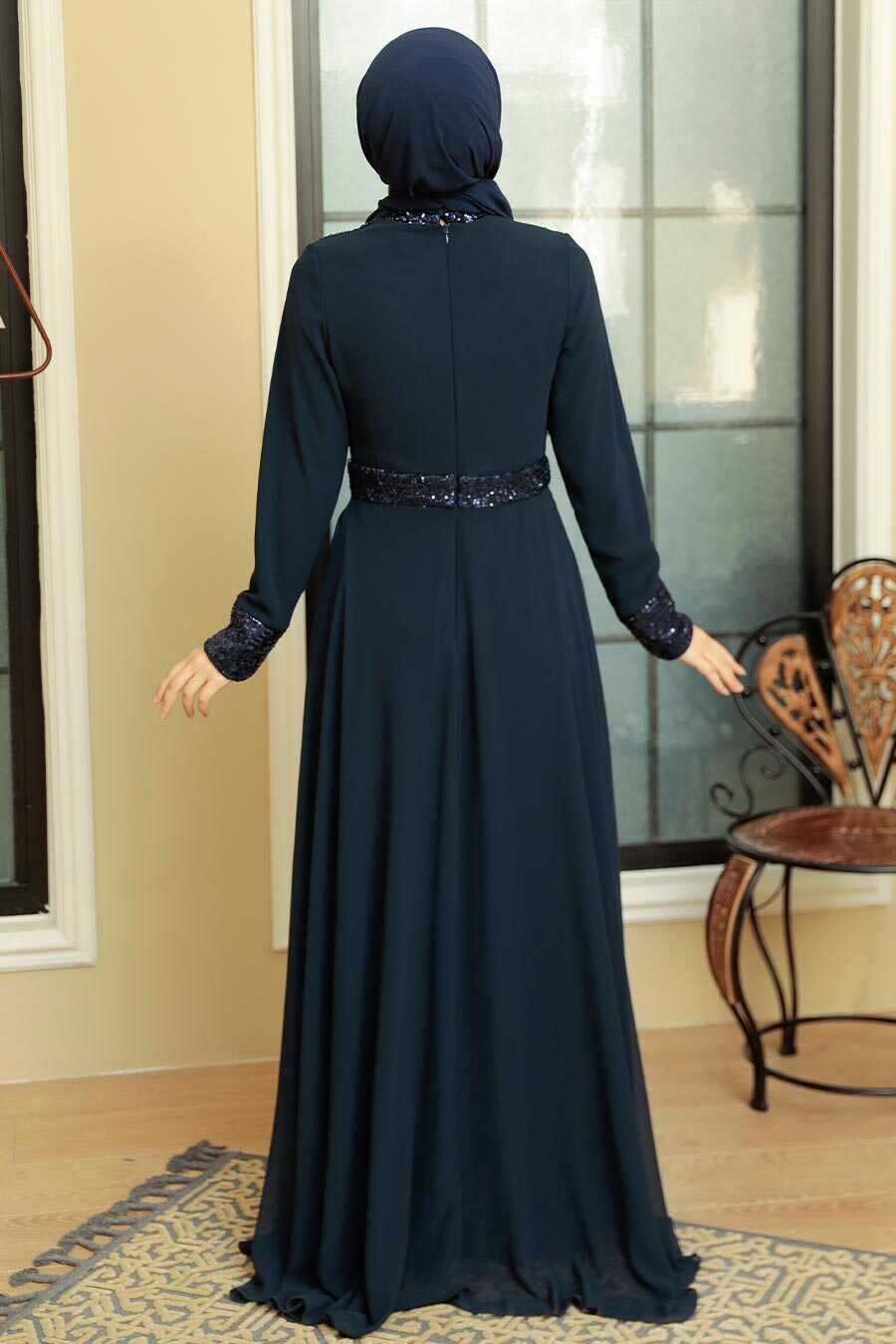 Navy Blue Hijab Evening Dress 5793L