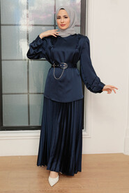 Navy Blue Hijab Suit Dress 34621L - Thumbnail