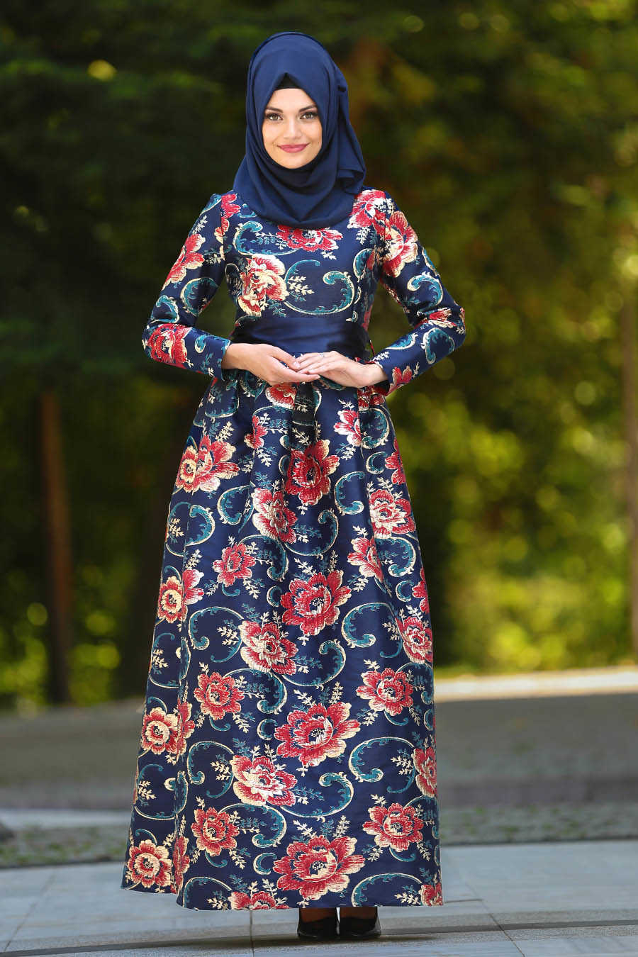 Navy Blue Hijab Evening Dress 24411L