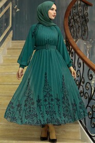 Neva Style - Almond Green Hijab Dress 3817CY - Thumbnail