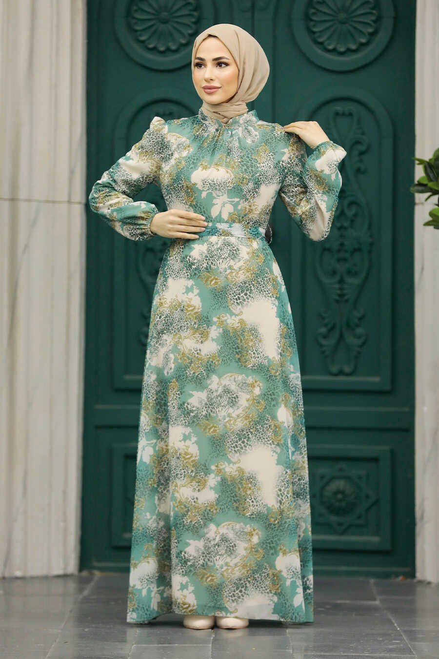 Neva Style - Almond Green Hijab For Women Dress 27944CY
