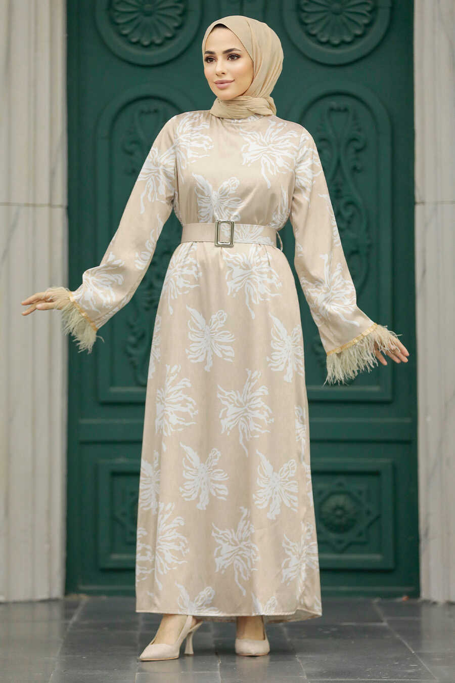 Neva Style - Beige Hijab Maxi Dress 77301BEJ