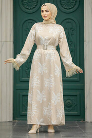 Neva Style - Beige Hijab Maxi Dress 77301BEJ - Thumbnail