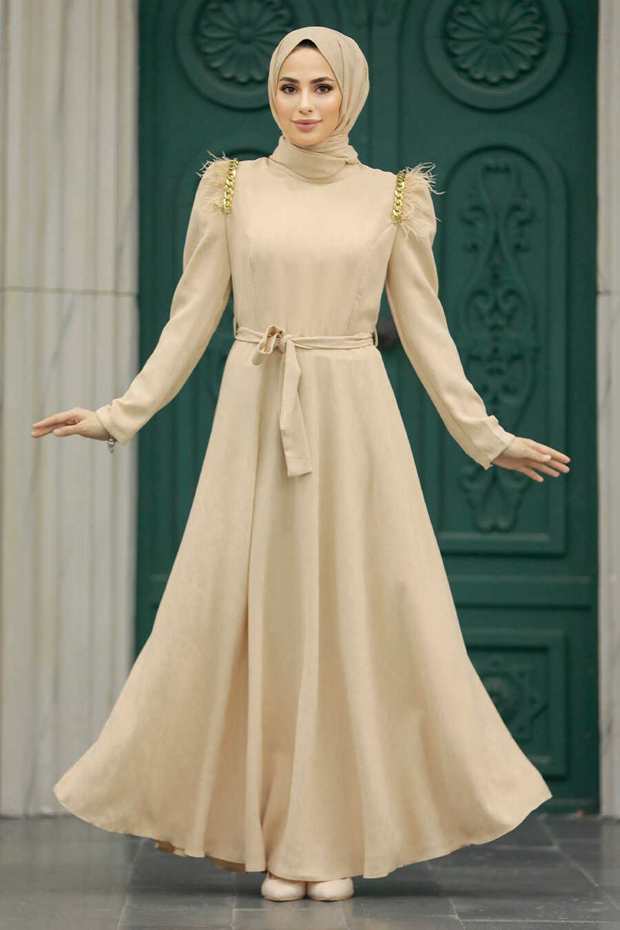 Neva Style - Beige Islamic Long Sleeve Maxi Dress 20481BEJ