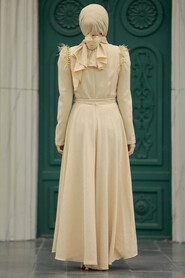 Neva Style - Beige Islamic Long Sleeve Maxi Dress 20481BEJ - Thumbnail