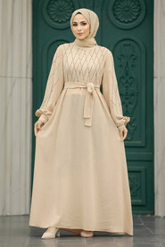 Neva Style - Beige Muslim Long Sleeve Dress 20412BEJ - Thumbnail
