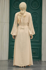 Neva Style - Beige Muslim Long Sleeve Dress 20412BEJ - Thumbnail