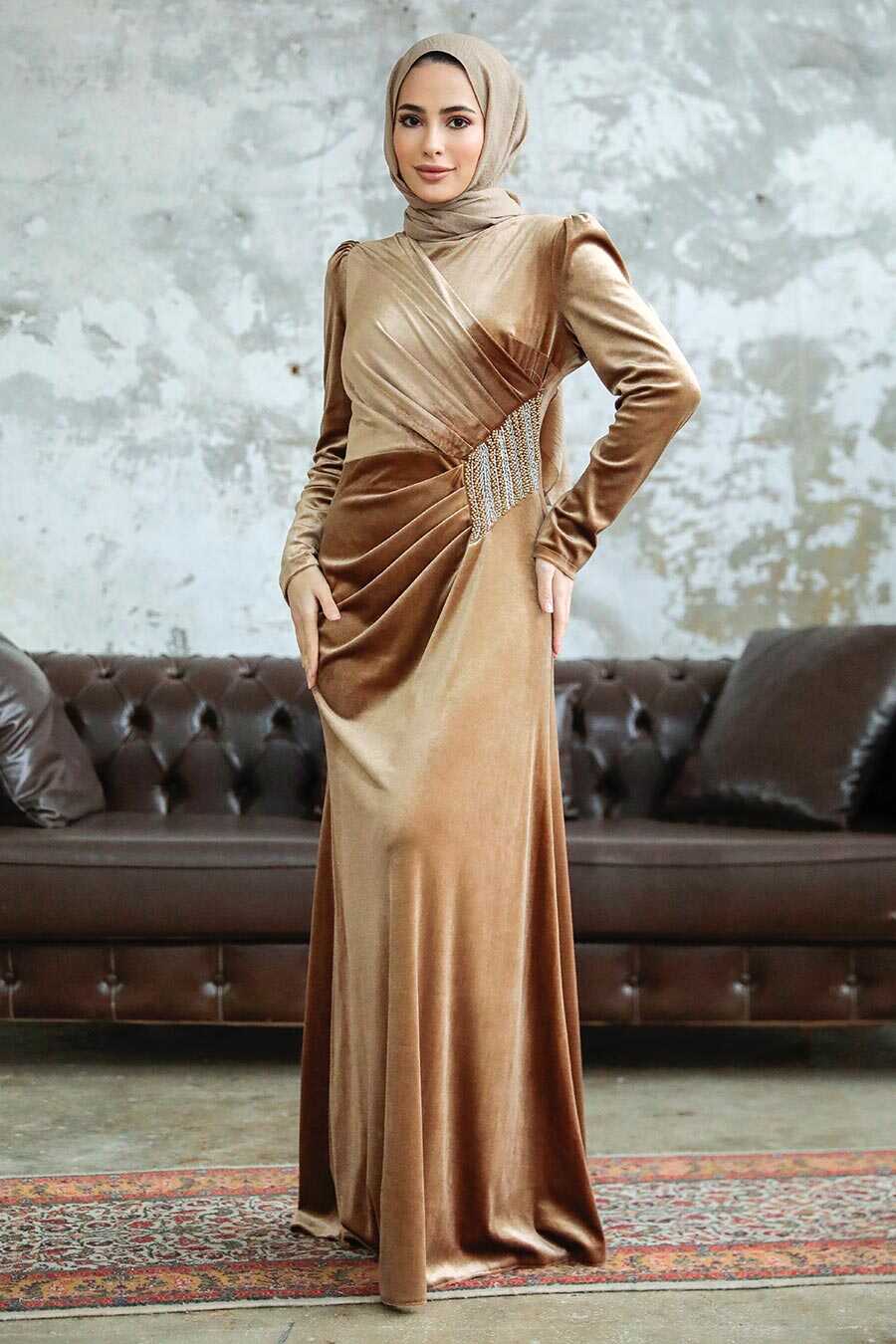 Neva Style - Biscuit Velvet Hijab Dress 36891BS