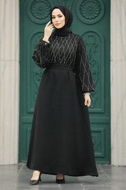 Neva Style - Black Muslim Long Sleeve Dress 20412S - Thumbnail