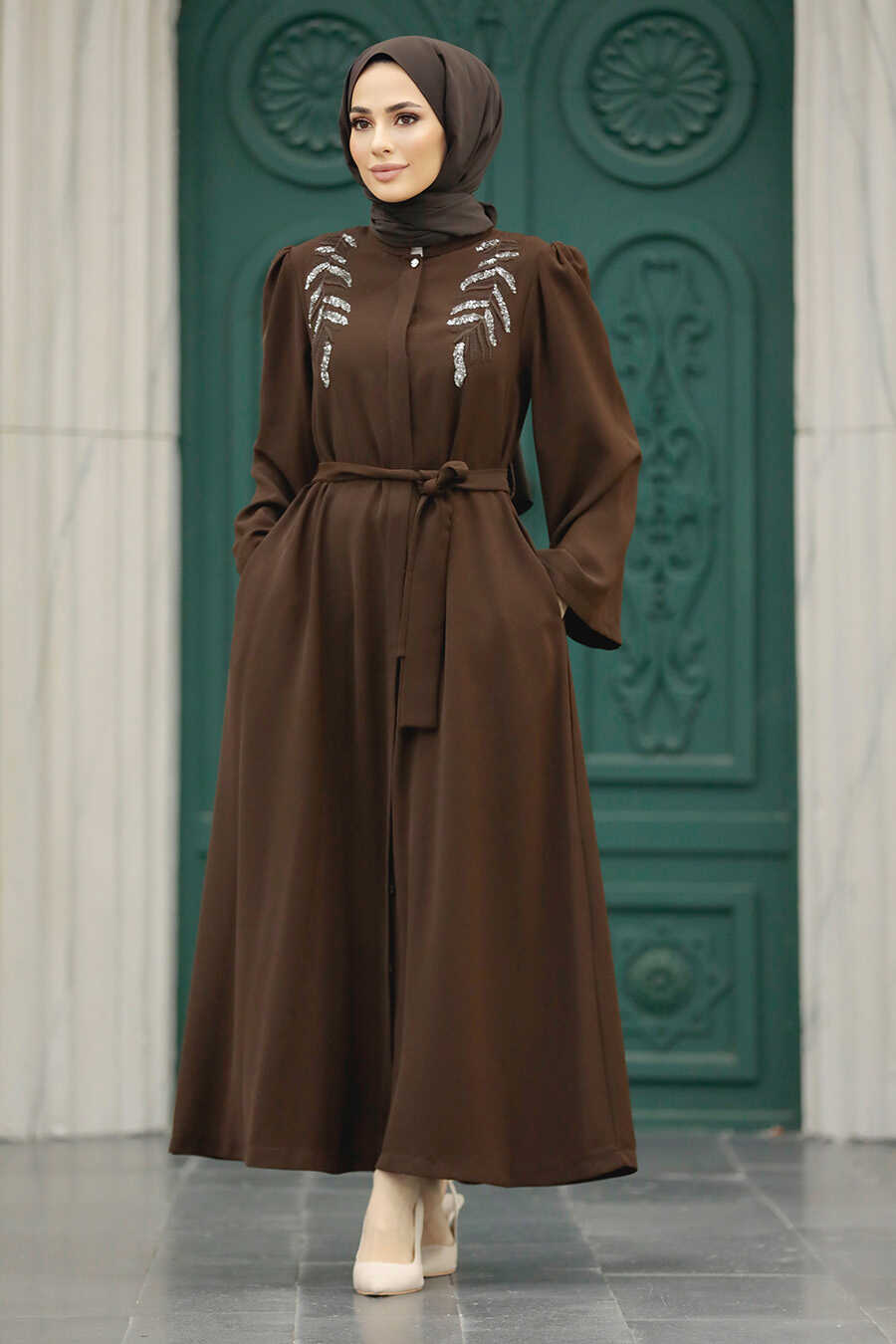 Neva Style - Brown Long Sleeve Turkısh Abaya 8980KH