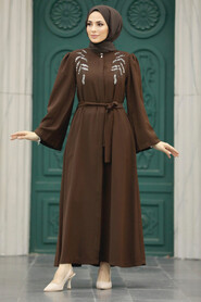 Neva Style - Brown Long Sleeve Turkısh Abaya 8980KH - Thumbnail