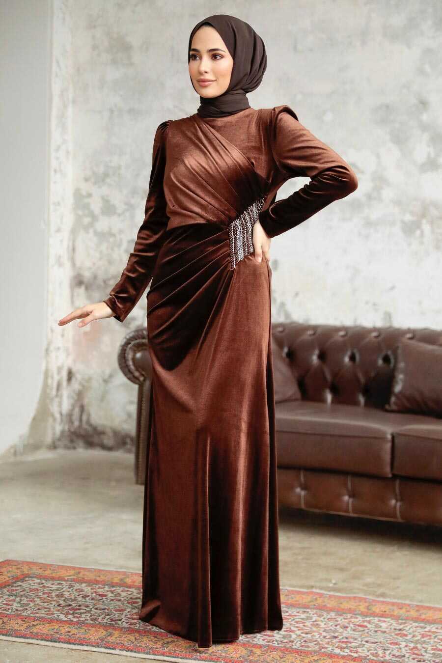 Neva Style - Brown Velvet Hijab Dress 36891KH