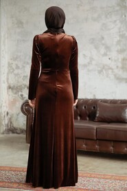 Neva Style - Brown Velvet Hijab Dress 36891KH - Thumbnail