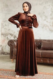 Neva Style - Brown Velvet Hijab Maxi Dress 37091KH - Thumbnail