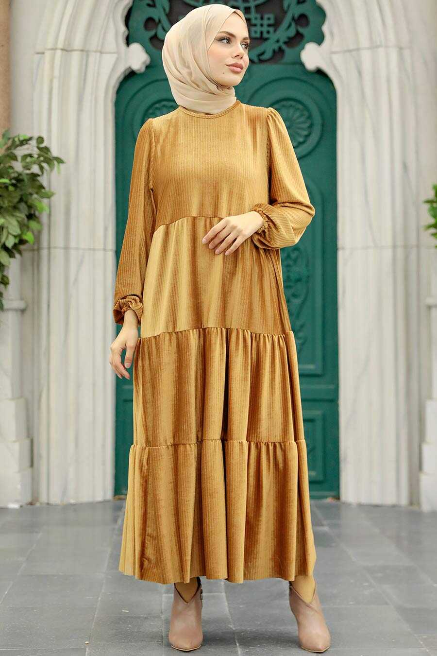 Neva Style - Camel Hijab Velvet Dress 1286C