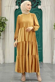 Neva Style - Camel Hijab Velvet Dress 1286C - Thumbnail