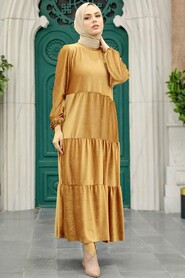 Neva Style - Camel Hijab Velvet Dress 1286C - Thumbnail