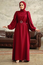 Neva Style - Claret Red Hijab Turkish Dress 5866BR - Thumbnail