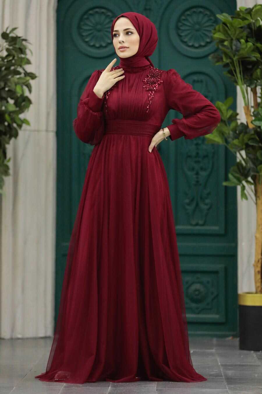 Neva Style - Claret Red Turkish Modest Wedding Dress 22070BR