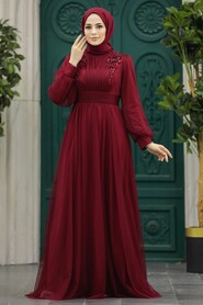 Neva Style - Claret Red Turkish Modest Wedding Dress 22070BR - Thumbnail