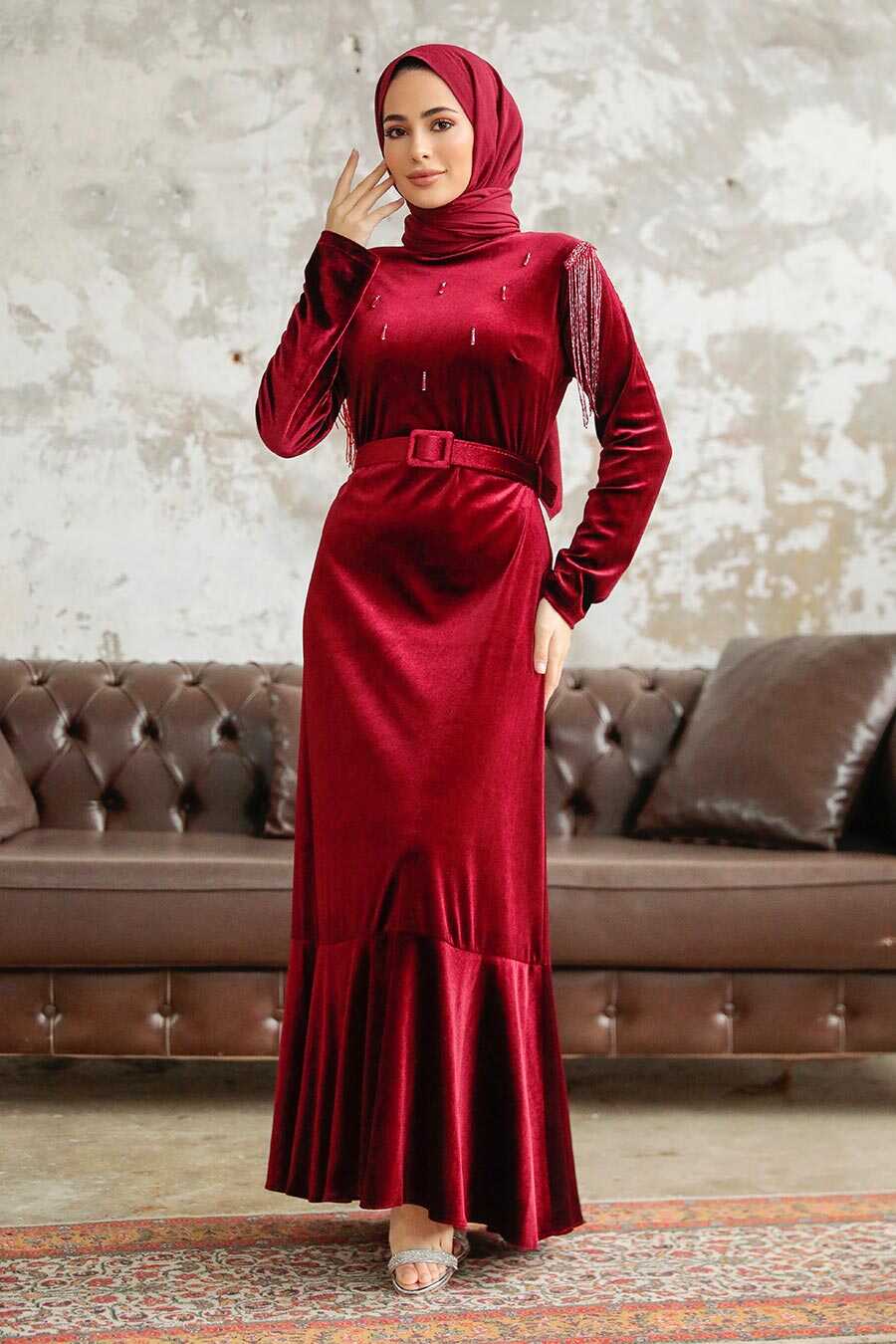 Neva Style - Claret Red Velvet Islamic Clothing Dress 3748R