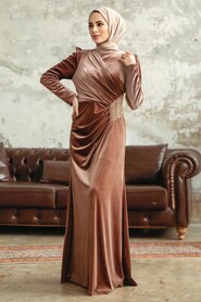 Neva Style - Dark Mink Velvet Hijab Dress 36891KV - Thumbnail